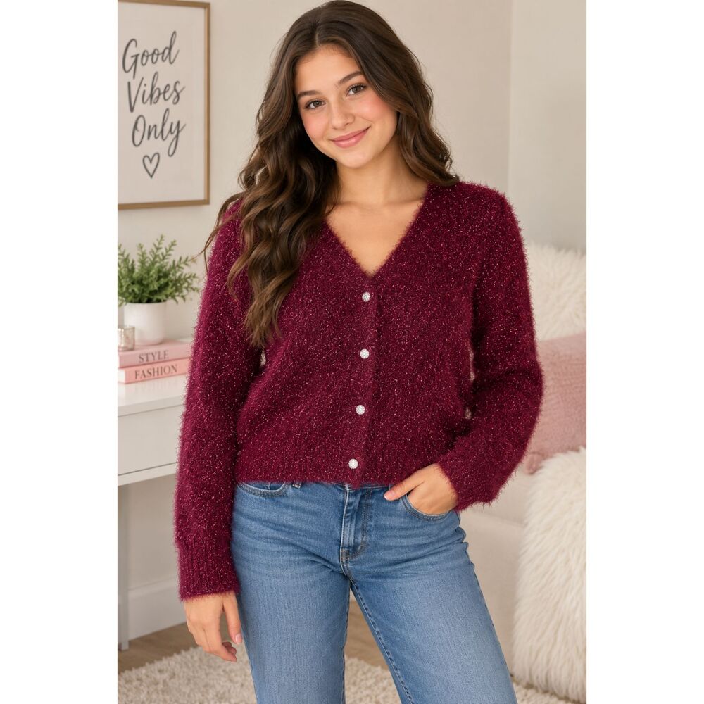 Art Class Girls XXL Burgundy Metallic Sparkle Fuzzy Button Cardigan Sweater #19